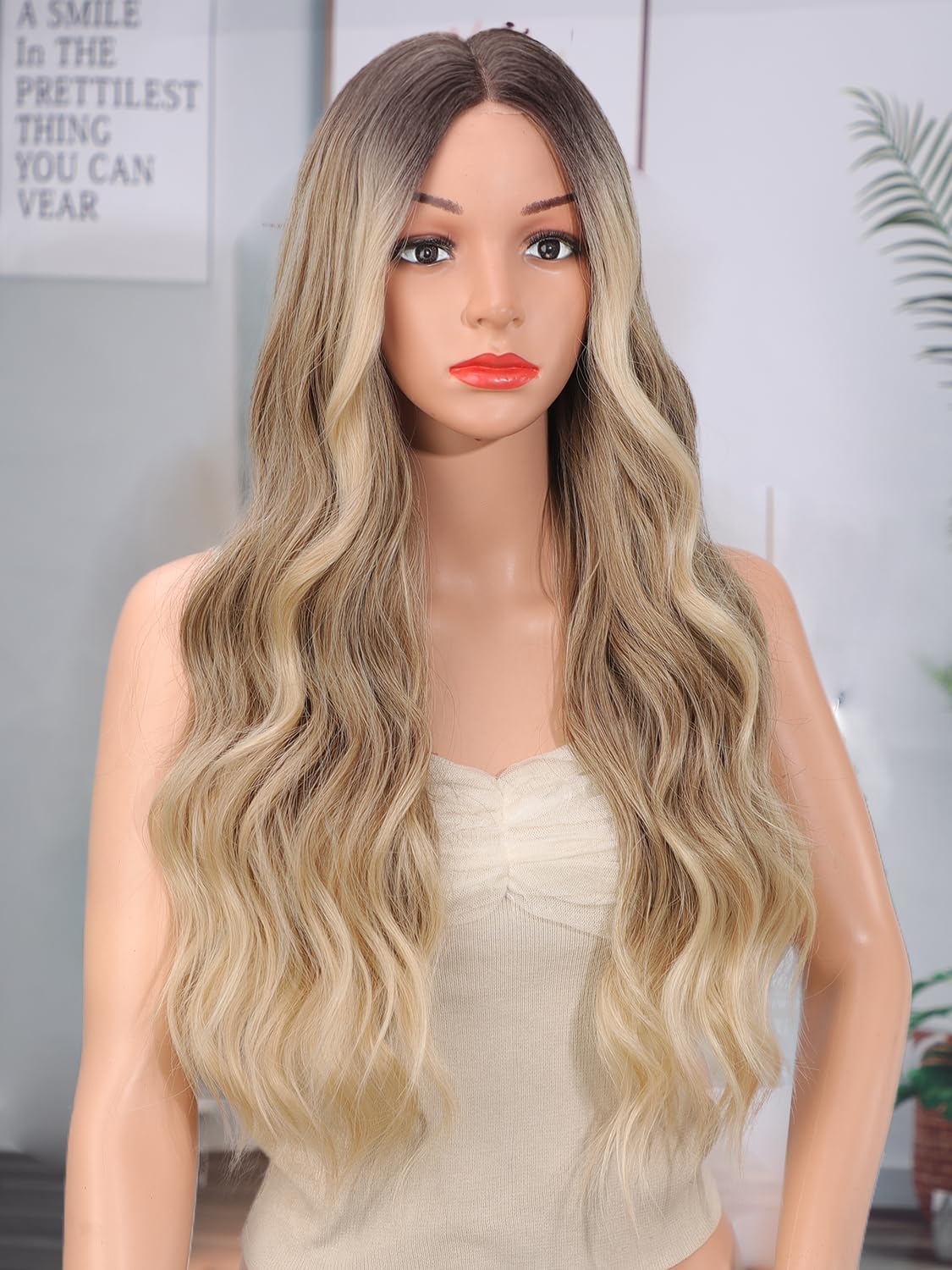 Blonde Wigs for Women, Long Ombre Blonde Wavy Wig with Dark Roots, Lace Front Womens Charming Wigs Natural Looking Blond Synthetic Heat Resistant Fiber Wig for Daily Party Use