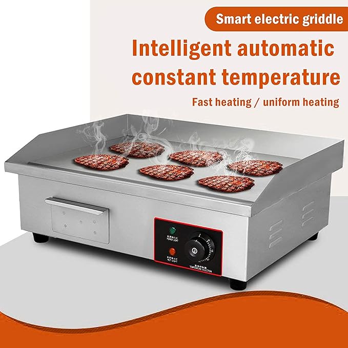 110V Commercial Electric Countertop Griddle Stainless Steel BBQ Flat Top Grill Hot Plate, Adjustable Thermostatic Control 122°F-572°F, Stainless Steel Restaurant Grill for Kitchen