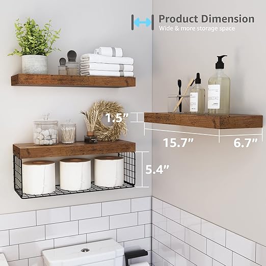 Bathroom Shelves Over Toilet Wall Mounted Floating Shelves Farmhouse Shelf Toilet Paper Storage Small Set of 3, Rustic Brown