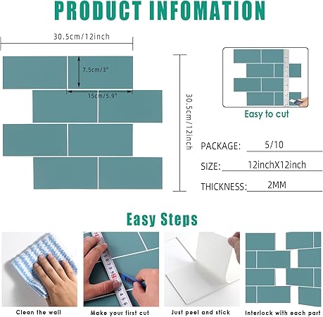 10 Sheets Peel and Stick Backsplash Tile with Framed Stick on Wall Tiles