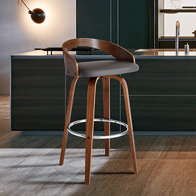 26" Counter Height Swivel Grey Faux Leather and Walnut Wood