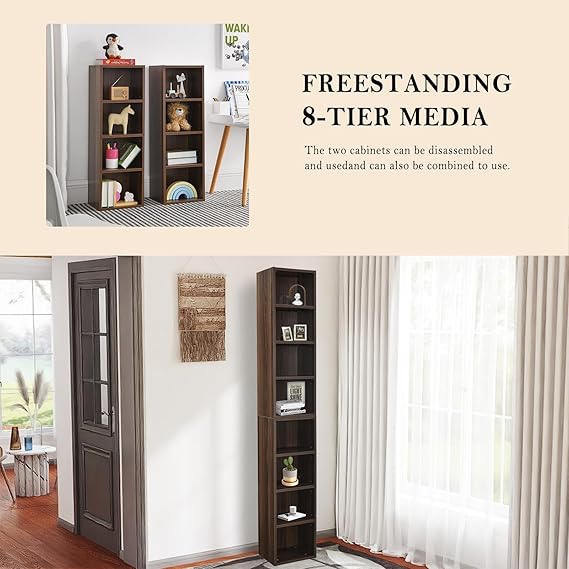 8-Tier Media Tower Rack CD DVD Slim Storage Cabinet with Adjustable Shelves, Tall Narrow Bookcase Display Bookshelf for Home Office (Walnut)
