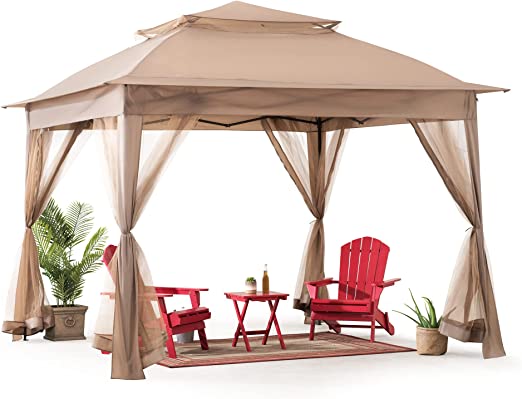 11x11 ft. Pop-Up Instant Gazebo, Outdoor Portable Steel Frame 2-Tier Top Canopy/Tent with Netting and Carry Bag, Khaki