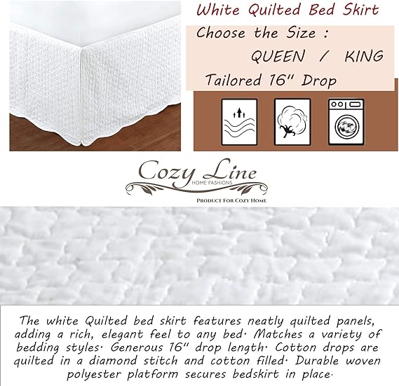 White Quilted Bed Skirt Dust Ruffle Matelasse Tailored Drop (Queen)