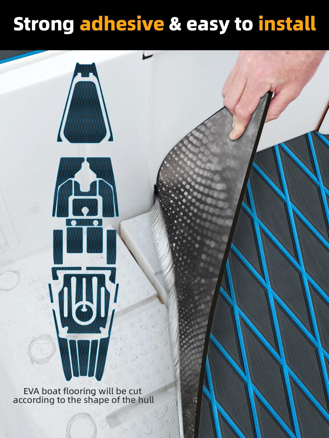 Boat Flooring EVA Foam Boat Decking Marine Mat, 75''x 28'', Dark Grey with Blue Lines