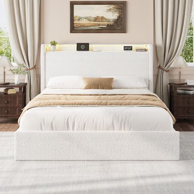 Full Size Boucle Bed Frame with Charging Station and LED Lights Platform
