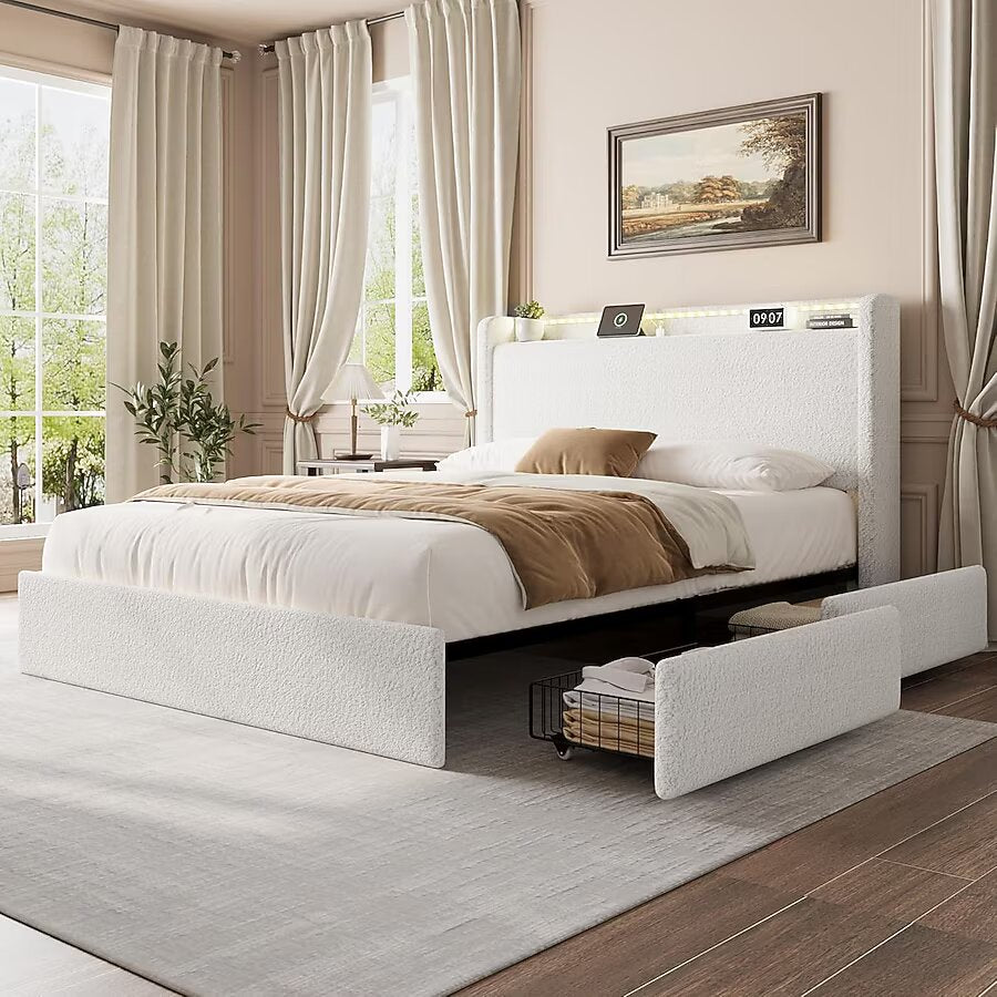 Full Size Boucle Bed Frame with Charging Station and LED Lights Platform
