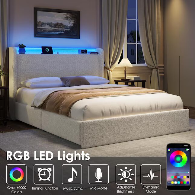Full Size Boucle Bed Frame with Charging Station and LED Lights Platform