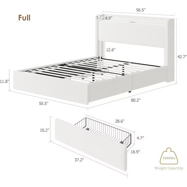 Full Size Boucle Bed Frame with Charging Station and LED Lights Platform