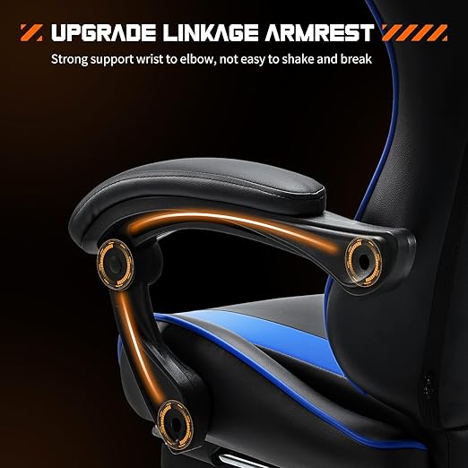 Video Game Desk Chair - Ergonomic Computer with Footrest and Comfy Lumbar Support, PU Leather Recliner with Headrest, Fixed Up Armrest, Height Adjustable with 360° Swivel, for Adults, Blue
