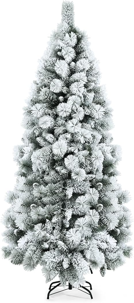 Snow Flocked Hinged Artificial Slim Christmas Tree w/Pine Needles