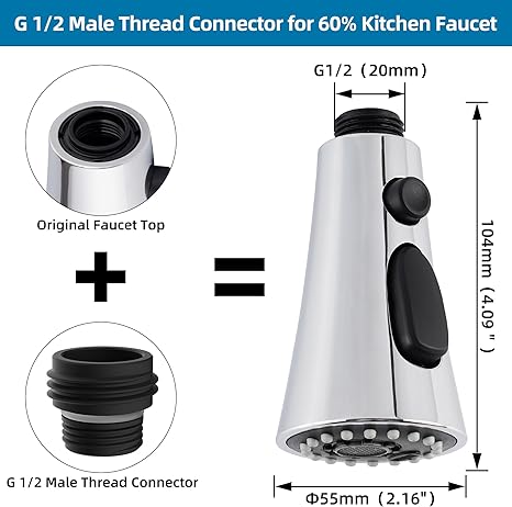 Universal Kitchen Faucet Head Replacement CHROME Finish with 15 Adapter Kit Compatible with Kohler/Moen/Delta Faucet, 3 Function Pull Down Sink Faucet Spray Head