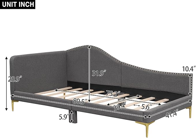 Twin Size Upholstered Daybed with Headboard and Armrest, Support Legs, Grey