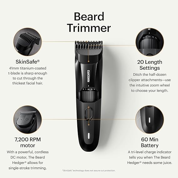 Men's Beard Trimmer, 20 Length Adjustable Blade Wheel, Stainless Steel T-Blade for Precision Facial Hair Trimming, Cordless Waterproof Wet/Dry Clipper