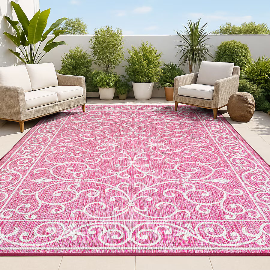 4x6 Fuchsia/Light Gray Rectangular Indoor/Outdoor Medallion French Country Pet Friendly Area rug