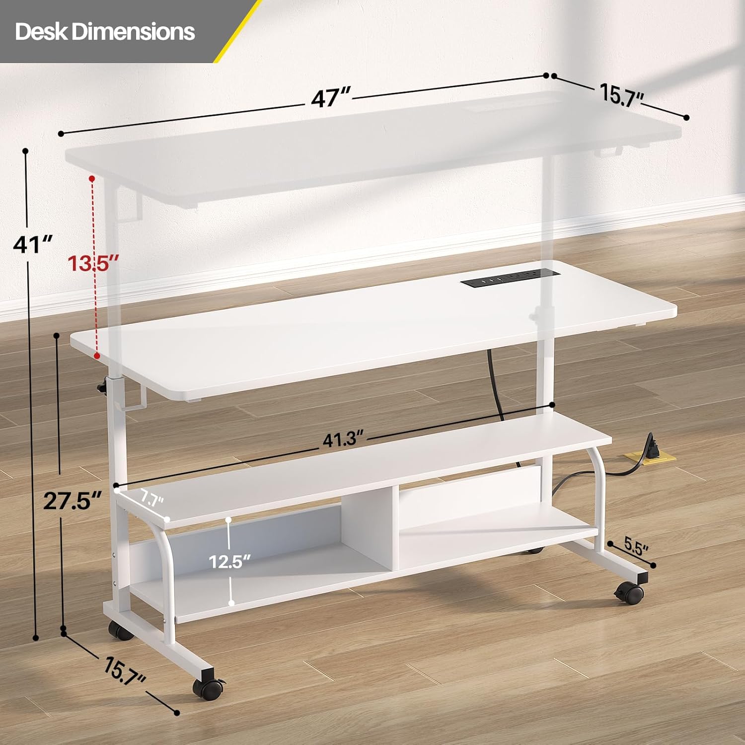 Height Adjustable Standing Desk with Power Outlets, Manual Stand Up Desk, White