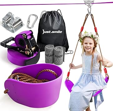 Zip ine Kit for Kids Outdoor, Stainless steellackline Pulley Slider with Swing seat Zip line