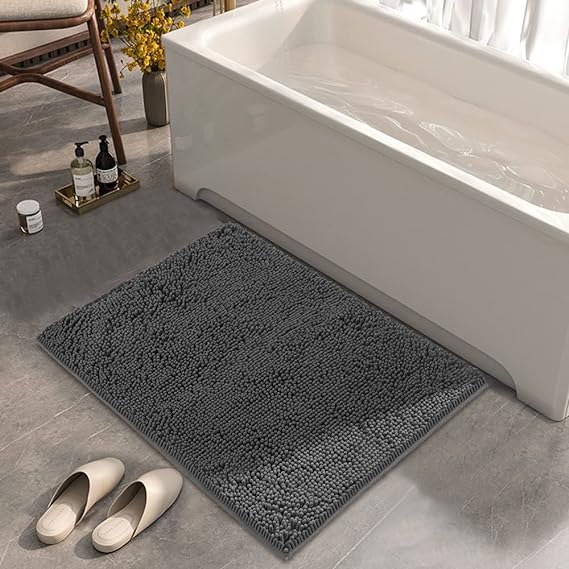 Bathroom Rug 32"×20", Non-Slip Bath Mat, Soft Cozy Shaggy Durable Thick Chenille Rugs for Bathroom,Easier to Dry, Plush Bathtubs, Rain Showers and Under The Sink (Dark Grey)