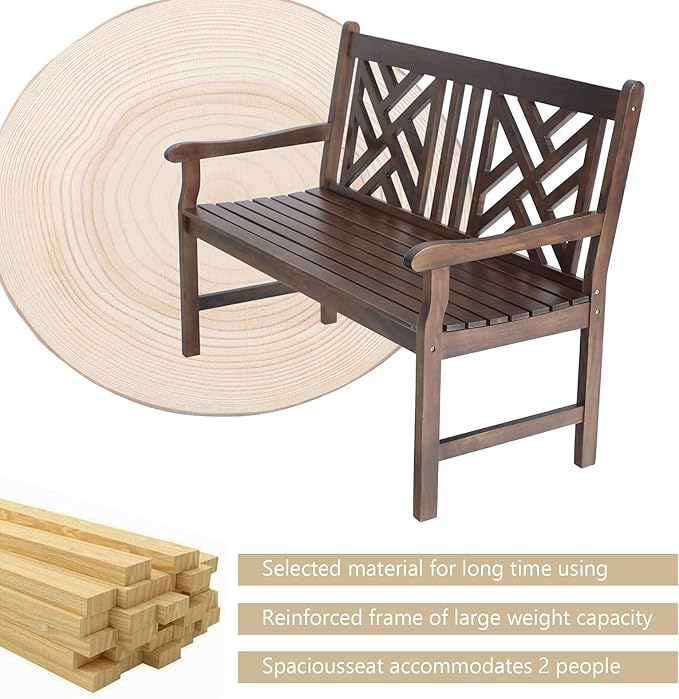 Outdoor Acacia Wood Garden Bench with Backrest and Armrest, 2-Person Slatted Seat