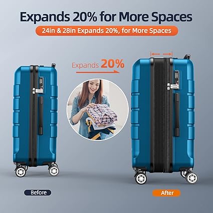 Luggage Sets Expandable PC+ABS Durable Suitcase Sets Double Wheels TSA Lock Sea Blue 3PCS
