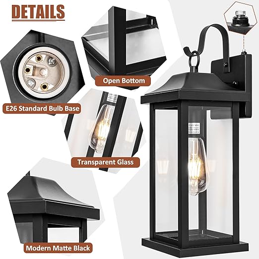 2-Pack Dusk to Dawn Large Outdoor Wall Lights, Exterior Light Fixtures Porch Lights Tempered Clear Glass, IP65 Waterproof Anti-Rust Outside Wall Sconces Matte Black Wall Lanterns