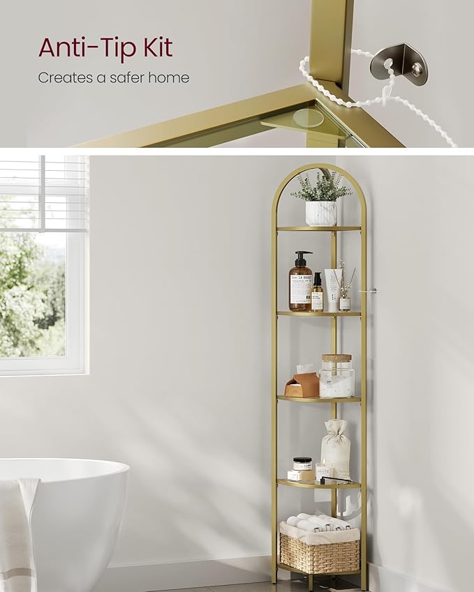 5-Tier Corner Shelf Stand, Corner Bookshelf, Bathroom Organizer, Plant Stand, Tempered Glass, Steel Frame, Modern Style, Metallic Gold