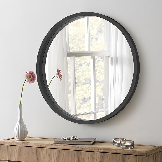 Black Round Wood Mirror with Wood Frame Circle Wall Mirror