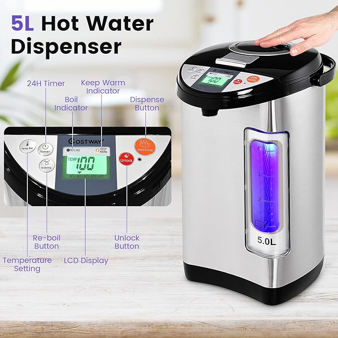 Instant Electric Hot Water Boiler and Warmer, 5-Liter LCD Water Pot with 5 Stage Temperature Settings, Safety Lock to Prevent Spillage, Stainless Steel Hot Water Dispenser