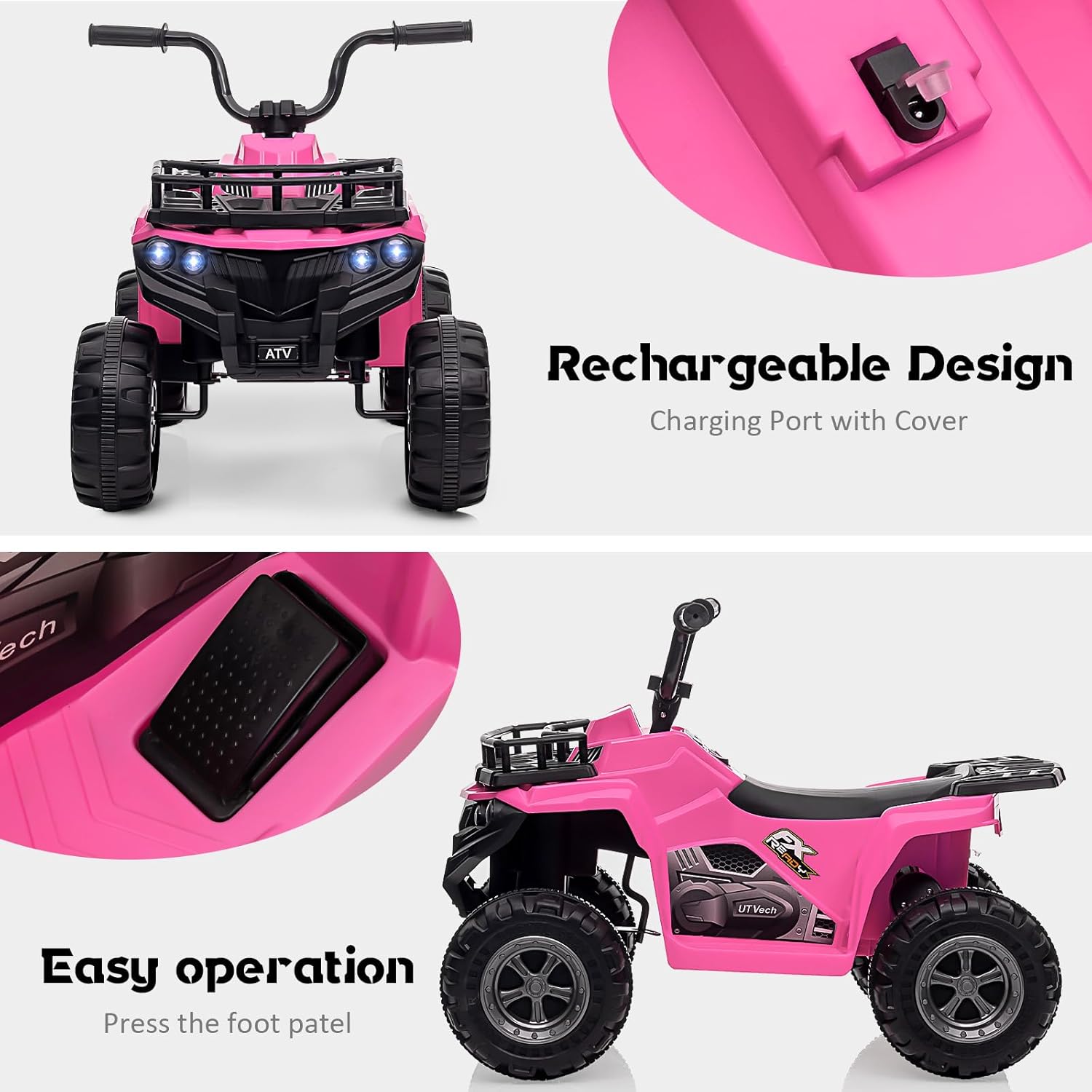 12V Kids Ride On Electric ATV, Kids 4 Wheeler Quad ATV Play Car with High/Low Speed, Treaded Tires, Rubber Handles, Electric Ride On Toy, Led Light