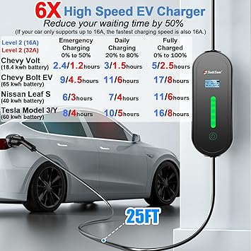 Universal Portable Level 2 EV Charger 32Amp 240V Electric Car Charger for All North American EVs Includes J1772 and Tesla, 25FT EV Charging Cable with NEMA 14-50 Plug (with Tesla Adapter)