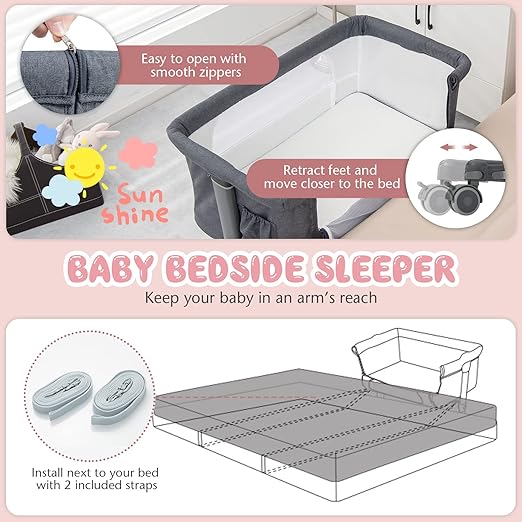 Bassinet Bedside Sleeper, 3 in 1 Folding Crib w/Adjustable Height, Mattress, Lockable Wheels, Storage Pocket & Carry Bag for Infant Newborn, Stationary & Rock, Portable Baby Bassinet (Grey)