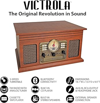 6-in-1 Bluetooth Record Player & Multimedia Center with Built-in Speakers - 3-Speed Turntable, CD & Cassette Player, FM Radio | Wireless Music Streaming | Mahogany