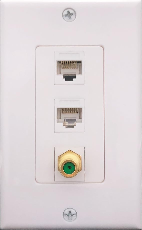 Cat6 Coax 1 Gang Wall Plate, 2 x Cat6 Female to Female RJ45 Ethernet,1 x 3Ghz Brass Plated with Gold F81 Coax