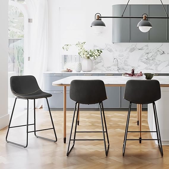 Bar Stools Set of 3, ALX Faux Leather Barstools, Modern Counter Height Stools with Back and Metal Legs, Armless Counter Chairs for Kitchen Island, Black