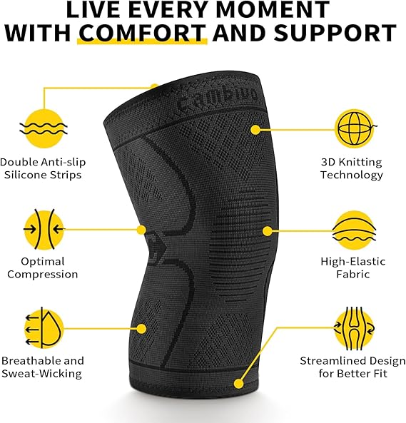 2 Pack Knee Braces for Knee Pain, Knee Compression Sleeve for Men and Women, Knee Support for Meniscus Tear, Running, Weightlifting, Workout, ACL, Arthritis, Joint Pain Relief (Black,Medium)