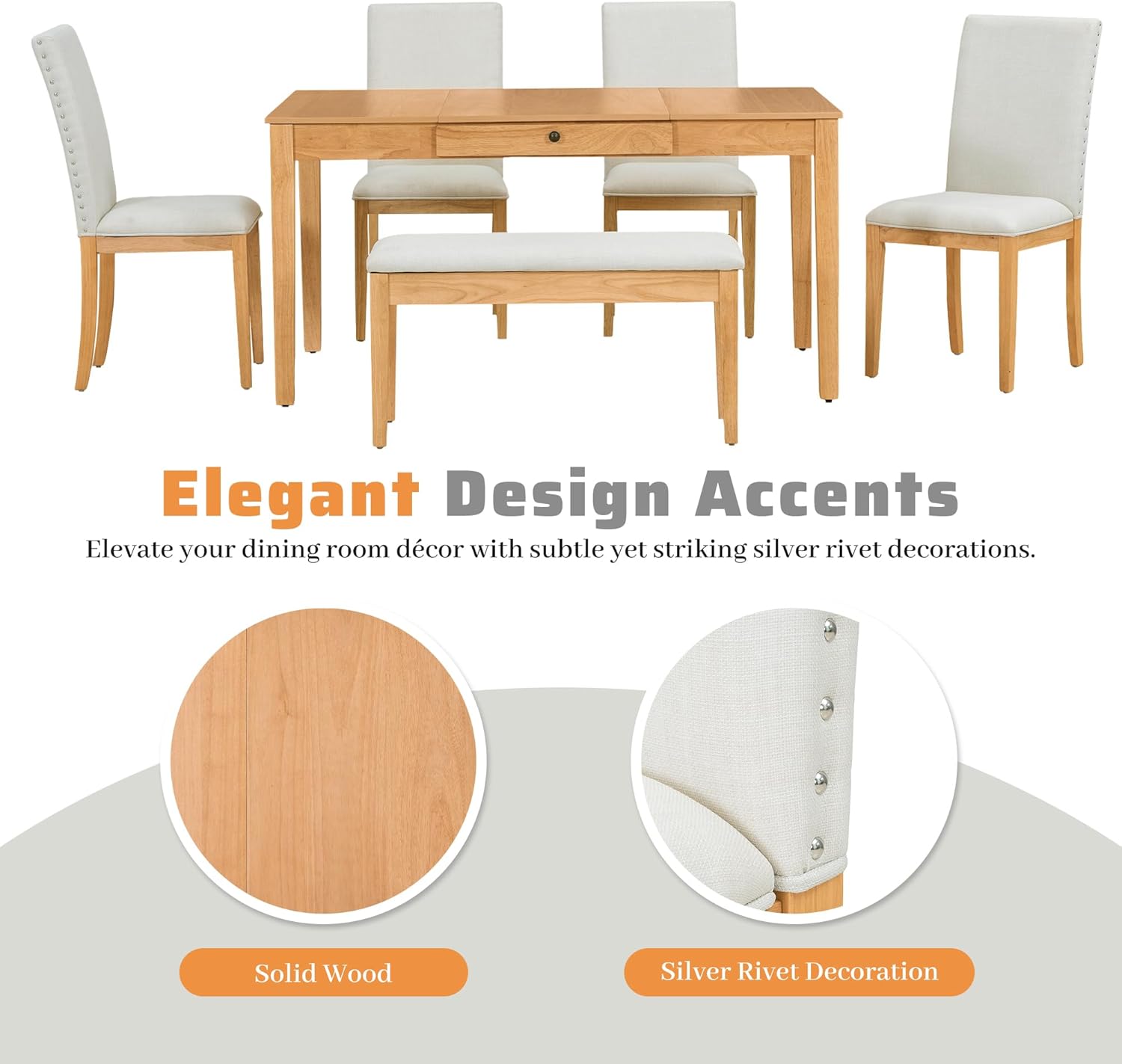 Farmhouse 6-Piece Dining Table Set with Storage Table, Kitchen Table Set with Drawer, Storable Bench and Upholstered Dining Chairs (Natural+Beige)