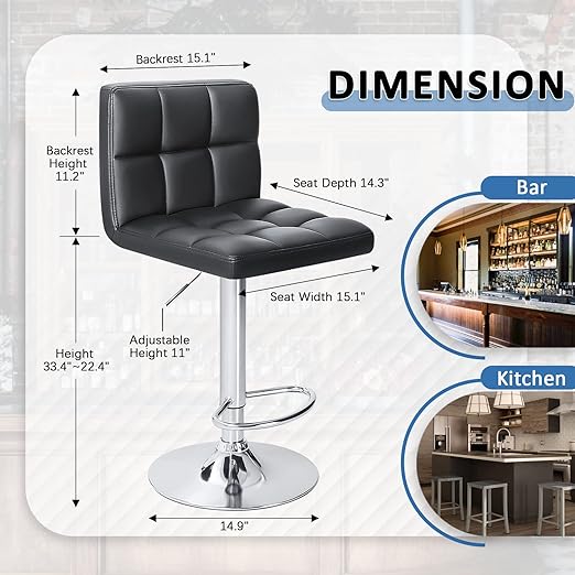 Bar Stools Modern PU Leather Adjustable Swivel Barstools, Armless Hydraulic Kitchen Counter Bar Stool Synthetic Leather Extra Height Square Island Barstool with Back Set of 2(Black)