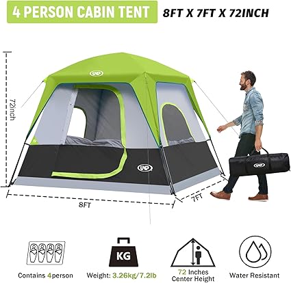 Portable Cabin Camping Tent 4-Person Easy Set Up, Waterproof with Top Rainfly