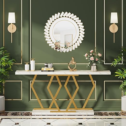 White and Gold Console Table with Faux Marble Tabletop