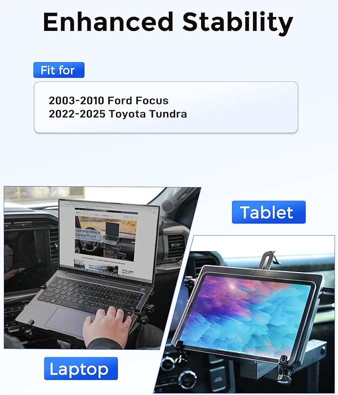 Truck Laptop Mount Fit for Toyota Tundra 2022-2025, Ford Focus 2003-2010 No-Drill Adjustable Aluminum Truck Laptop Tablet Stand Holder