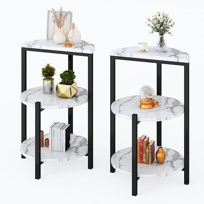 White and Black End Tables Set of 2, Round Marble Nightstand Set