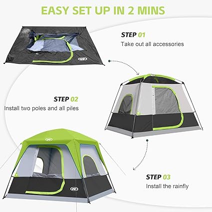 Portable Cabin Camping Tent 4-Person Easy Set Up, Waterproof with Top Rainfly
