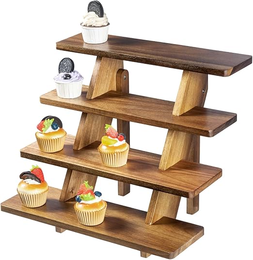 4 Tier Premium Acacia Solid Wood Cupcake Display Stand, Rustic Burnt Wooden Step Tiered Tabletop Dessert Rack, Party Table Decoration or Retail Riser
