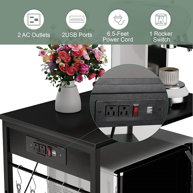 Bakers Rack with Power Outlet Black Coffee Station Cart Table on Wheels Microwave Stand Table with Storage Shelf