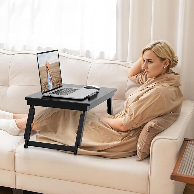100% Bamboo Laptop Desk with Tilting Top & Drawer, Height Adjustable Portable Breakfast Serving Bed Tray with Heat-Dissipation Holes, Folding Bed Table for Surfing Reading Writing Eating