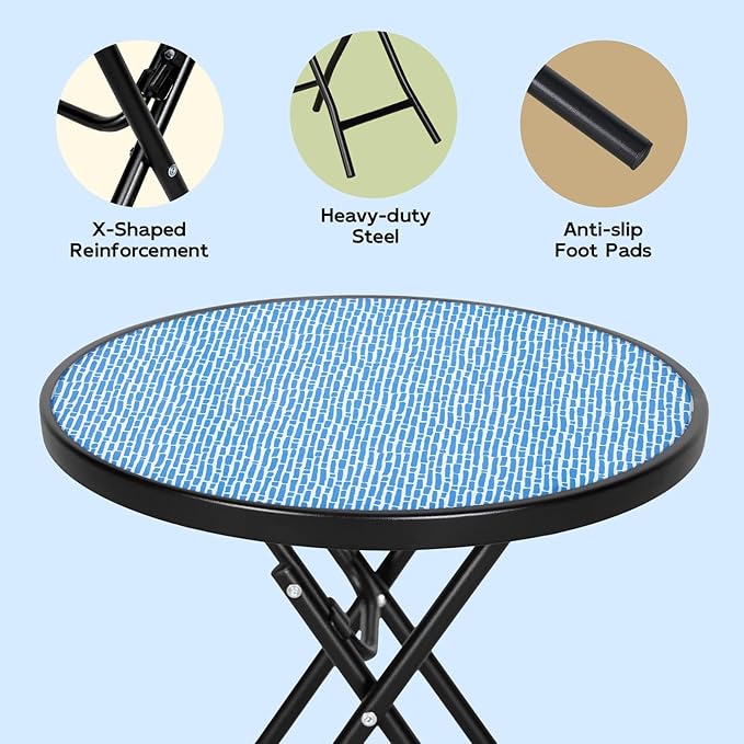 Bistro Table Folding Side Table with Tempered Glass Tabletop,Small End Table, Blue