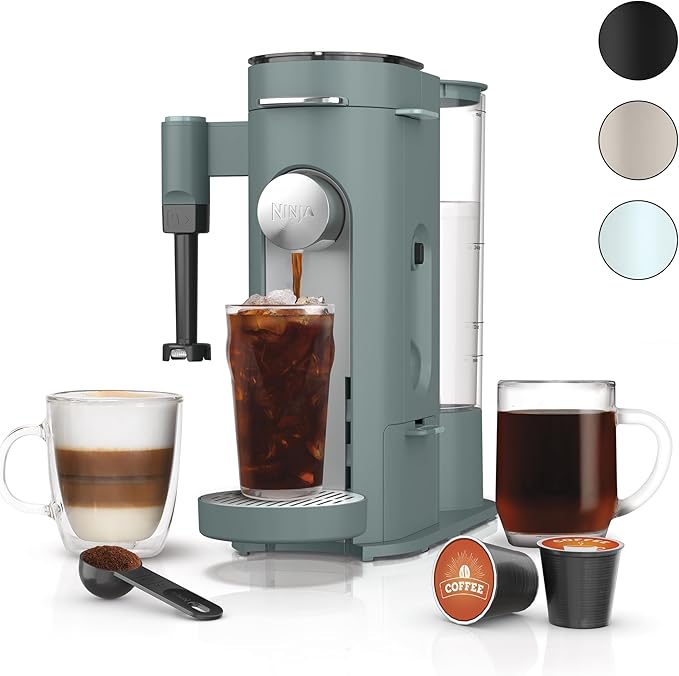 Pods & Grounds Specialty Single-Serve Coffee Maker, K-Cup Pod Compatible, Built-In Milk Frother, Travel Mug Sizes, Iced Coffee Maker, Sage Green