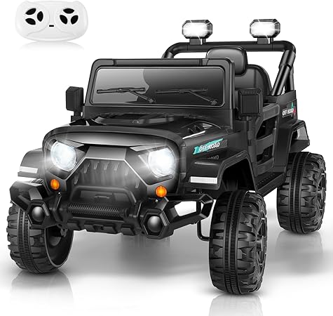 Electric Ride on Car - 12V Battery Powered Cars with Parent Remote Control, LED Lights, 3 Speeds, Spring Suspension, Seat Belt, MP3, Electric Truck, Black