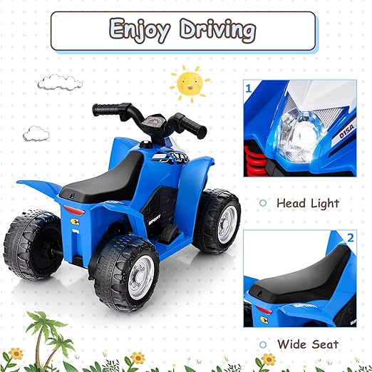 Kids Ride On ATV, 6V Electric Vehicle for Toddlers, 4 Wheeler Battery Powered Motorized Quad Toy Car for Boys Girls with LED Lights, Horn (Blue)