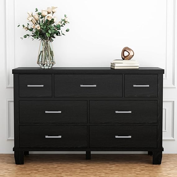 Black Dresser, Modern 7 Drawer, Large Wooden Chest with 5 Solid Wood Legs, Metal Handles, Wide Double